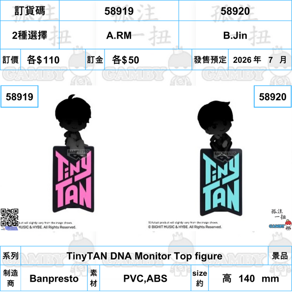 訂貨碼:58919&58920 <訂價各$110> #(免手續費)TinyTAN DNA Monitor Top figure
