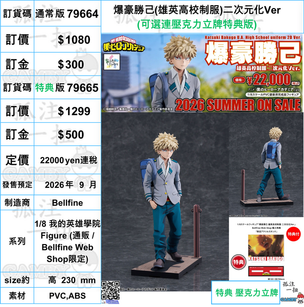 訂貨碼:79664&79665 <訂價$1080&1299> #爆豪勝己(雄英高校制服)二次元化Ver=1/8 我的英雄學院 Figure