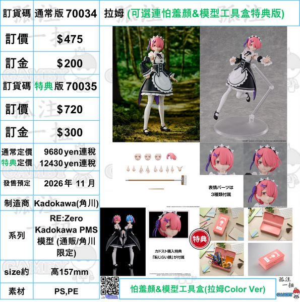 訂貨碼:70034&70035 <訂價$475&720> #拉姆=RE:Zero Kadokawa PMS模型