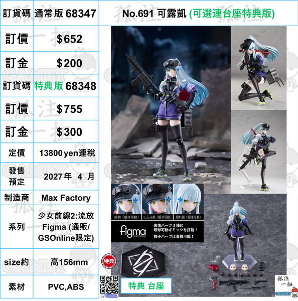 訂貨碼:68347&68348 <訂價$652&755> #No.691 可露凱=少女前線2:流放 Figma