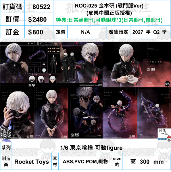 訂貨碼:80522 <訂價$2480> #(免手續費)(連特典)ROC-025 金木研 (戰鬥服Ver)(皮樂中國正版授權)=1/6 東京喰種 可動figure