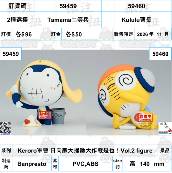 訂貨碼:59459&59460 <訂價各$96> #(免手續費)Keroro軍曹 日向家大掃除大作戰是也！Vol.2 figure