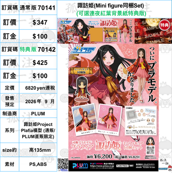 訂貨碼:70141&70142 <訂價$347&425> #諏訪姫(Mini figure同梱Set)=諏訪姫Project Plafia模型