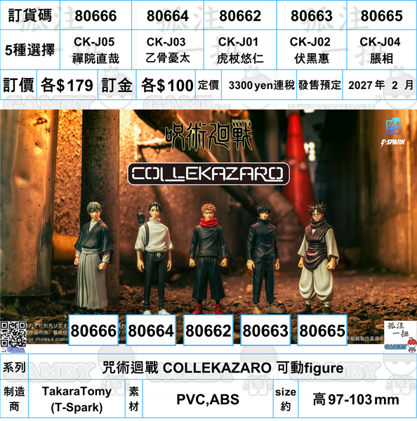 訂貨碼:80662-80666 <訂價各$179> #(免手續費)咒術迴戰 COLLEKAZARO 可動figure
