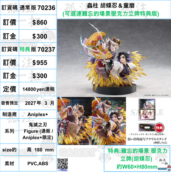 訂貨碼:70236&70237 <訂價$860&955> #蟲柱 胡蝶忍＆童磨=鬼滅之刃 Figure (Aniplex+限定)