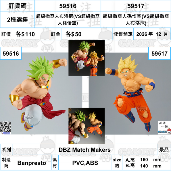 訂貨碼:59516&59517 <訂價各$110> #(免手續費)超級撒亞人布洛尼VS超級撒亞人孫悟空=DBZ Match Makers