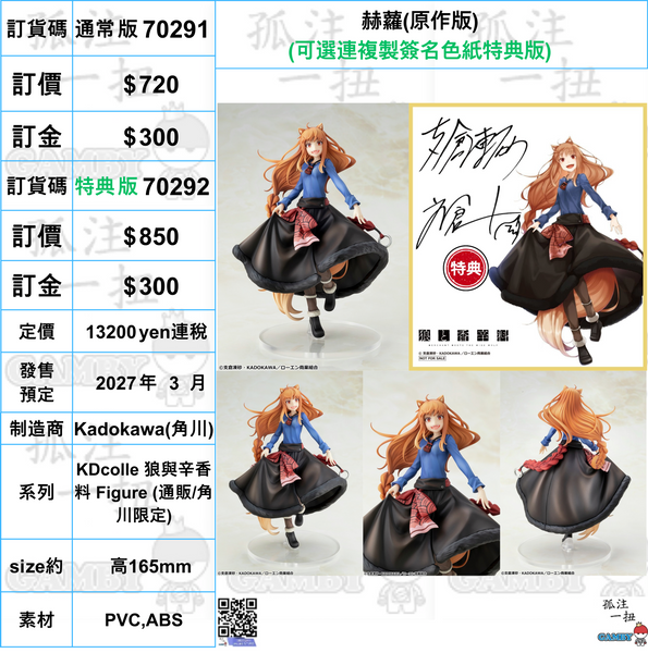 訂貨碼:70291&70292 <訂價$720&850> #赫蘿(原作版)=KDcolle 狼與辛香料 Figure