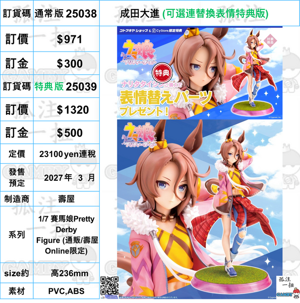 訂貨碼:25038&25039 <訂價$971&1320> #(免手續費)成田大進=1/7 賽馬娘Pretty Derby Figure