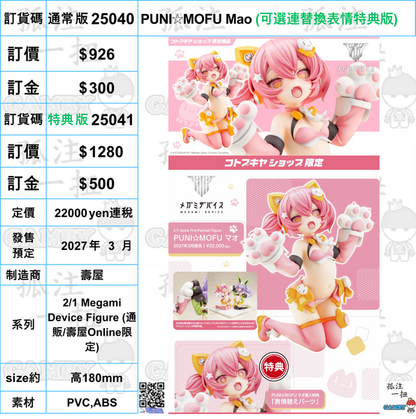 訂貨碼:25040&25041 <訂價$926&1280> #(免手續費))PUNI☆MOFU Mao=2/1 Megami Device Figure