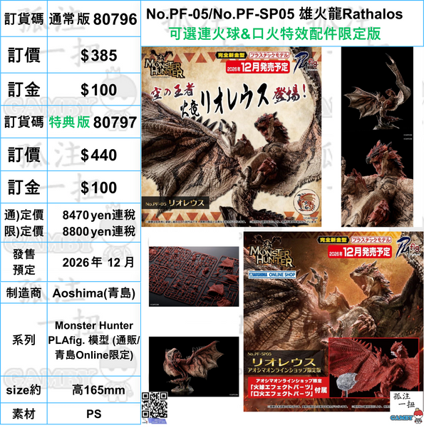 訂貨碼:80796&80797 <訂價$385&440> #(免手續費)No.PF-05/No.PF-SP05 雄火龍Rathalos=Monster Hunter PLAfig. 模型