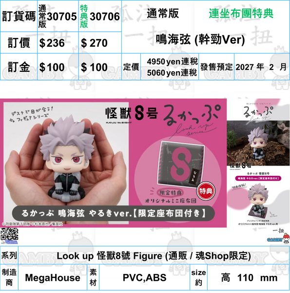 訂貨碼:30705&30706 <訂價$236&270> #(免手續費)鳴海弦 (幹勁Ver)=Look up 怪獸8號 Figure