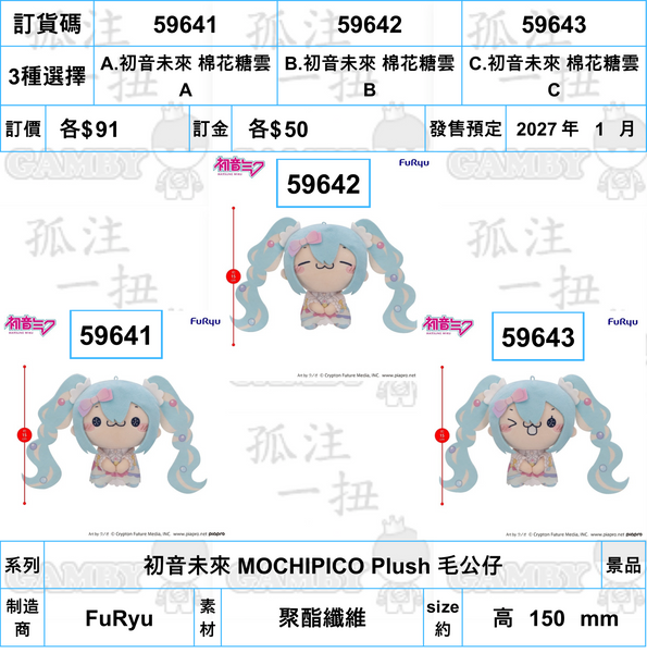 訂貨碼:59641-59643 <訂價各$91> #(免手續費)初音未來 棉花糖雲=初音未來 MOCHIPICO Plush 毛公仔