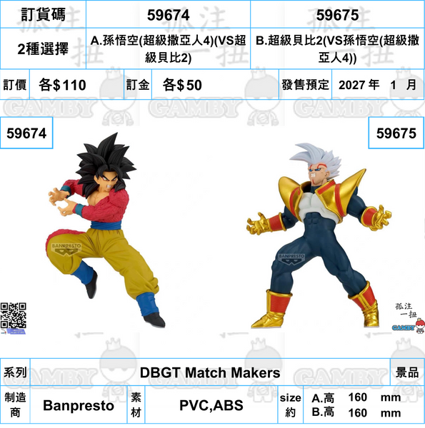 訂貨碼:59674&59675 <訂價各$110> #(免手續費)孫悟空(超級撒亞人4)VS超級貝比2=DBGT Match Makers