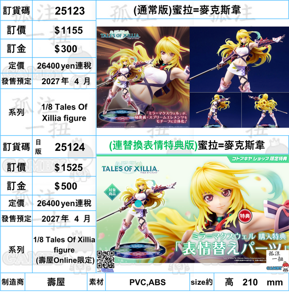 訂貨碼:25123&25124 <訂價$1155&1525> #蜜拉=麥克斯韋=1/8 Tales Of Xillia figure