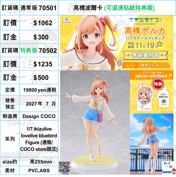 訂貨碼:70501&70502 <訂價$1062&1235> #高橋波爾卡=1/7 ikizulive lovelive bluebird Figure