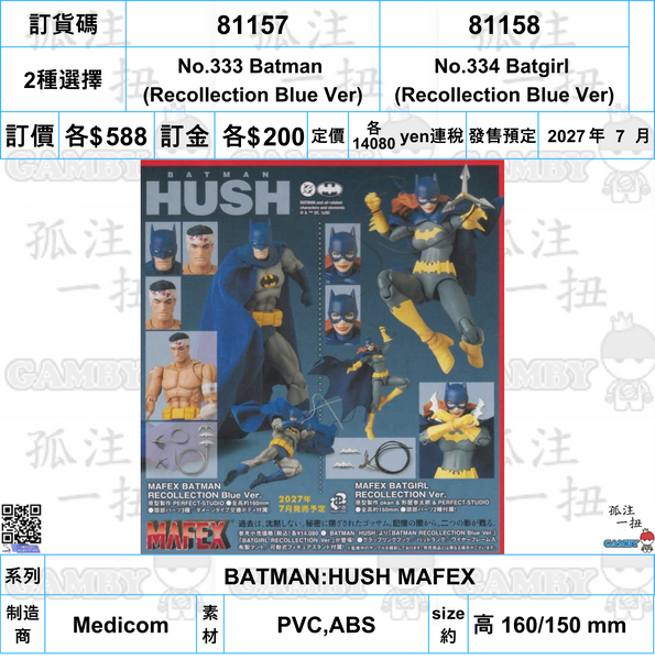 訂貨碼:81157&81158 <訂價各$588> #(免手續費)No.333 Batman/No.334 Batgirl (Recollection Blue Ver)=BATMAN:HUSH MAFEX