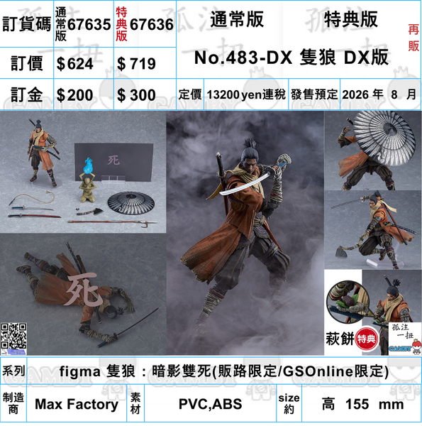 訂貨碼:67635&67636 <訂價$624&$719> #(免手續費)No.483-DX 隻狼 DX版=figma 隻狼：暗影雙死
