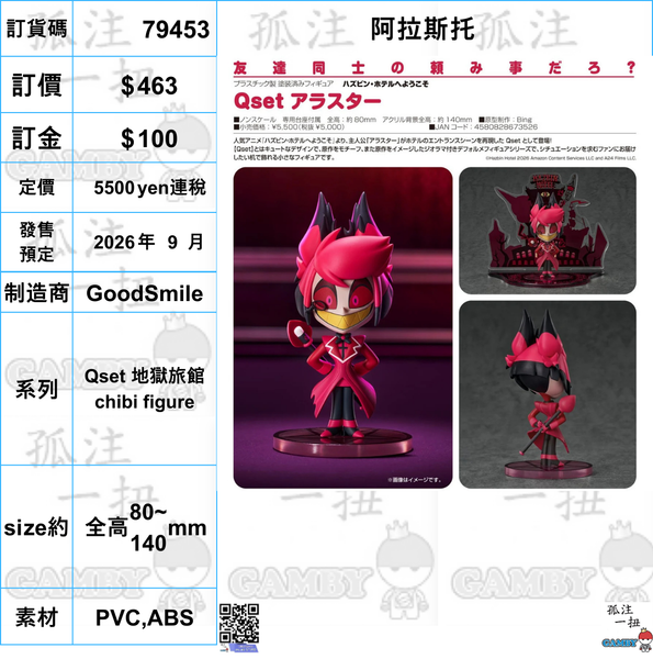 訂貨碼:79453 <訂價$463> #(免手續費)阿拉斯托=Qset 地獄旅館 chibi figure