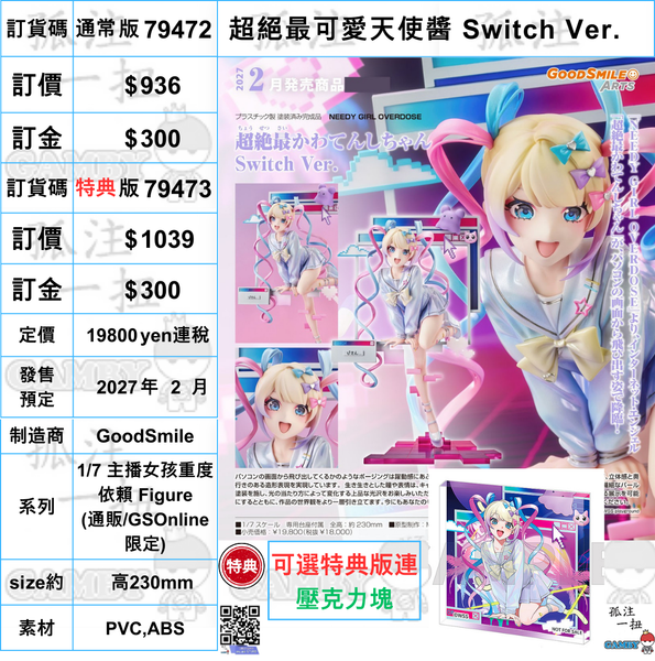 訂貨碼:79472&79473.<訂價$936&$1039> #(免手續費)超絕最可愛天使醬 Switch Ver.=1/7 主播女孩重度依賴 Figure