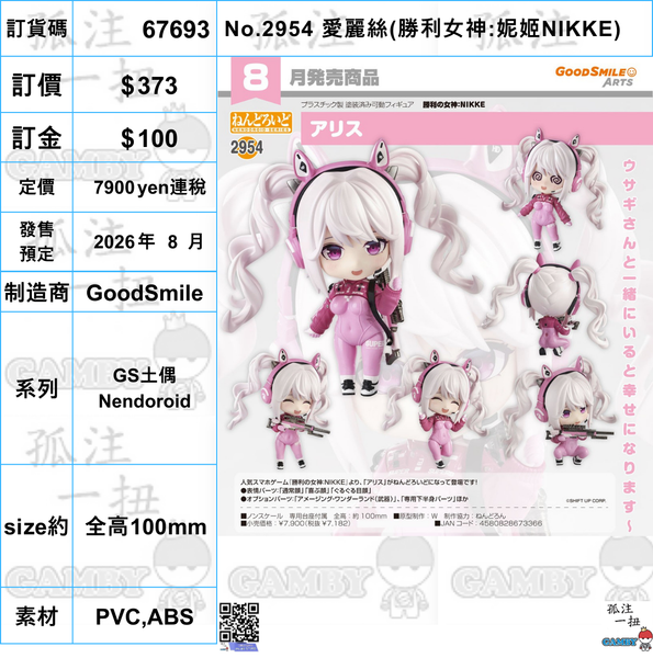 訂貨碼:67693 <訂價$373> #(免手續費)No.2954 愛麗絲(勝利女神:妮姬NIKKE)=GS土偶Nendoroid