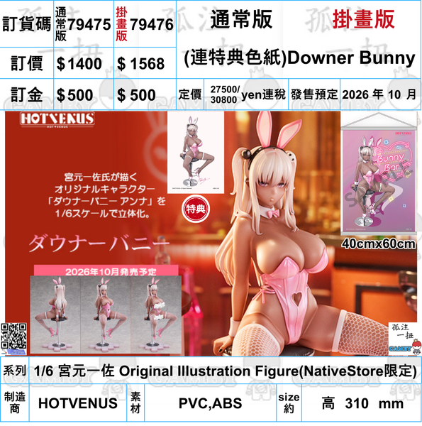 訂貨碼:79475&79476.<訂價$1400&$1568> #免手續費(連特典色紙)Downer Bunny=1/6 宮元一佐 Original Illustration Figure(NativeStore限定)