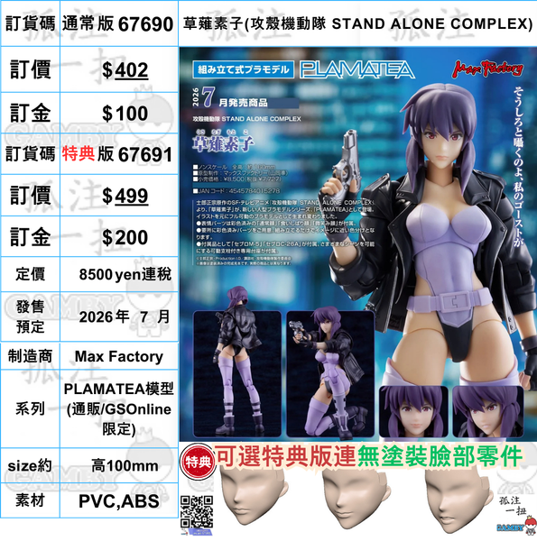 訂貨碼:67690 <訂價$402> #(通常版)草薙素子(攻殼機動隊 STAND ALONE COMPLEX)=PLAMATEA模型