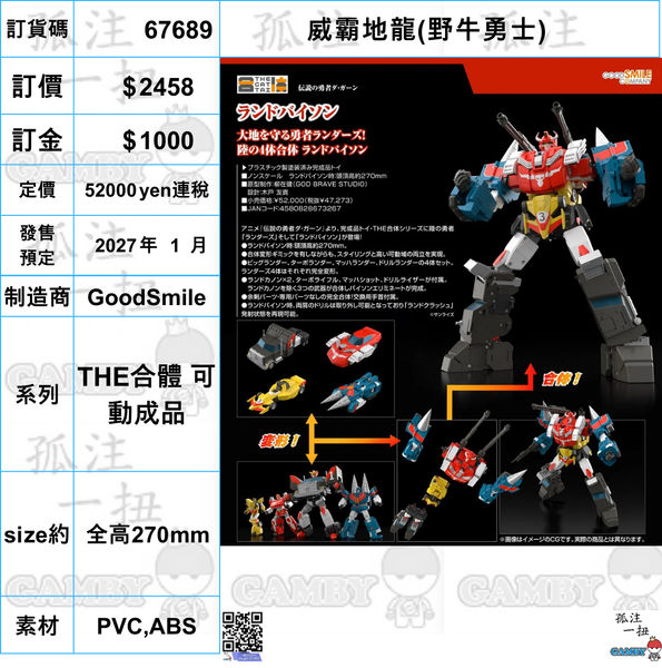 訂貨碼:67689 <訂價$2458> #(免手續費)威霸地龍(野牛勇士)=THE合體 勇者傳說 可動成品