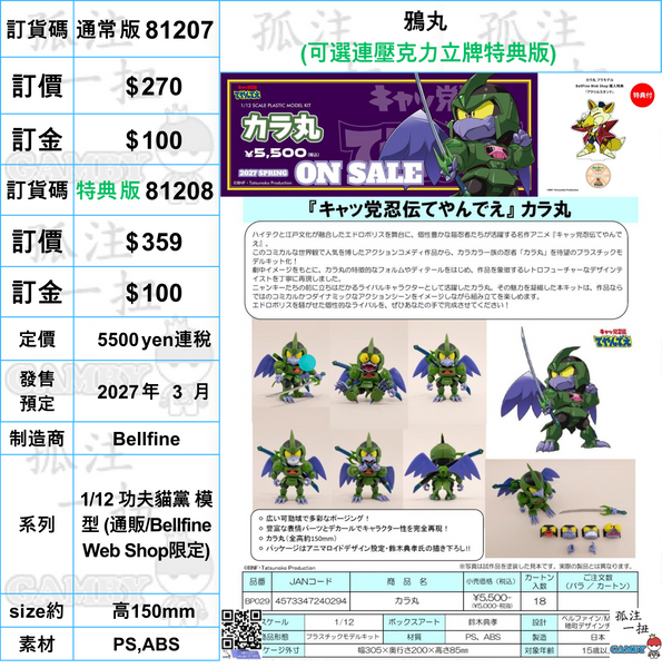 訂貨碼:81207&81208 <訂價$270&359> #(免手續費)鴉丸=1/12 功夫貓黨 模型