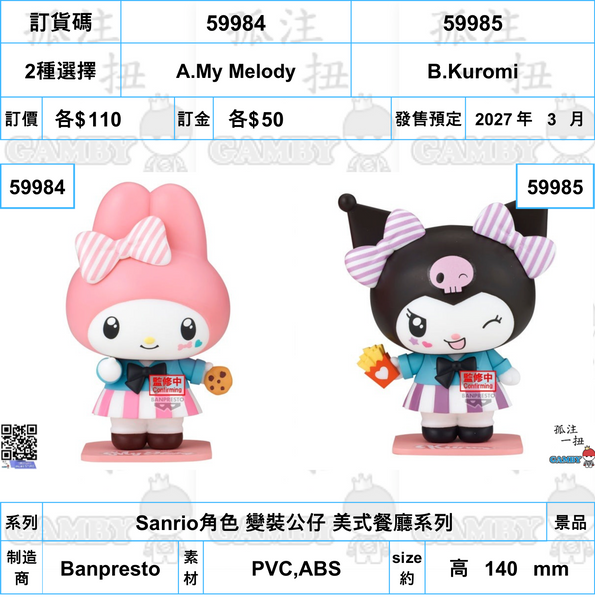 訂貨碼:59984&59985 <訂價各$110> #(免手續費)Sanrio角色 變裝公仔 美式餐廳系列