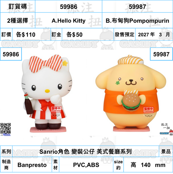 訂貨碼:59986&59987 <訂價各$110> #(免手續費)Sanrio角色 變裝公仔 美式餐廳系列