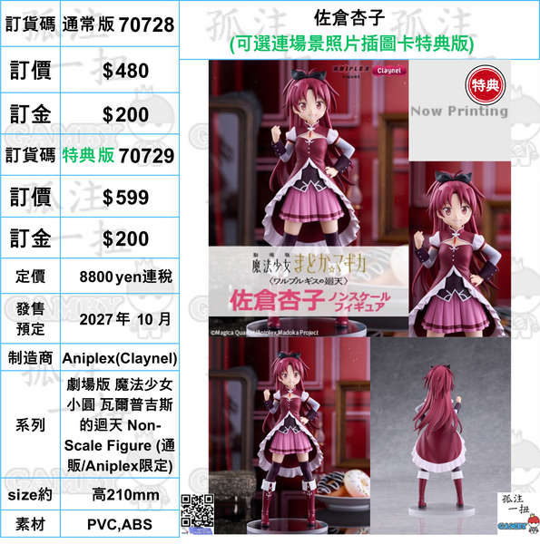訂貨碼:70728&70729 <訂價$480&599> #佐倉杏子=劇場版 魔法少女小圓 瓦爾普吉斯的迴天 Non-Scale Figure