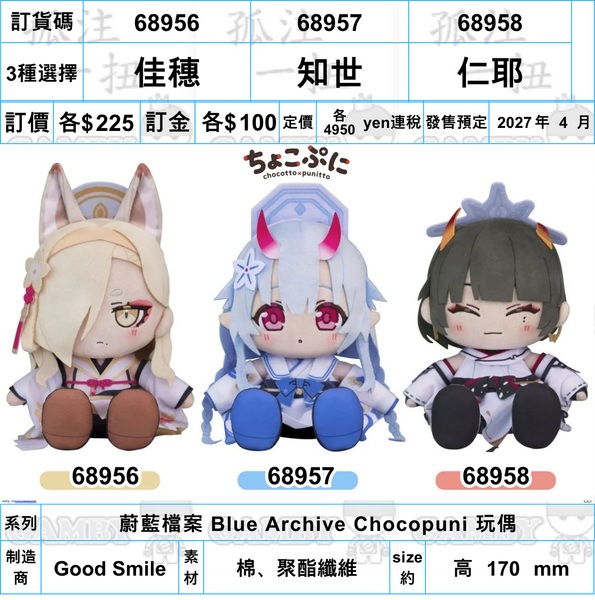 訂貨碼:68956-68958 <訂價各$225> #(免手續費)佳穗/知世/仁耶=蔚藍檔案 Blue Archive Chocopuni 玩偶