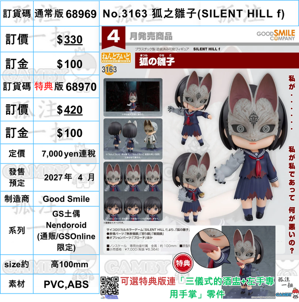 訂貨碼:68969&68970 <訂價$330&420> #(免手續費)No.3163 狐之雛子(SILENT HILL f)=GS土偶Nendoroid