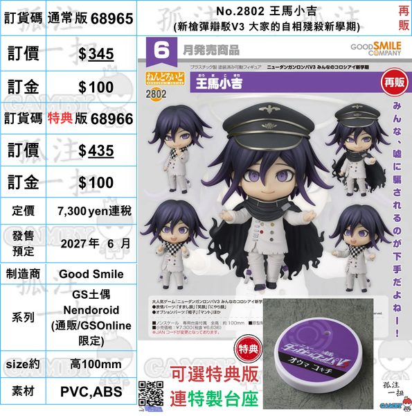 訂貨碼:68965&68966 <訂價$345&435> #(免手續費)No.2802 王馬小吉(新槍彈辯駁V3 大家的自相殘殺新學期)再販=GS土偶Nendoroid
