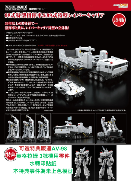 訂貨碼:67766 <訂價$394> #(通常版)98式特型指揮車+99式特型Labor運輸車(機動警察)再販=MODEROID 1/60 模型