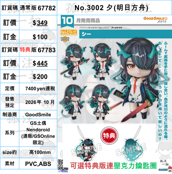 訂貨碼:67782&67783 <訂價$349&445> #(免手續費)No.3002 夕(明日方舟)=GS土偶Nendoroid