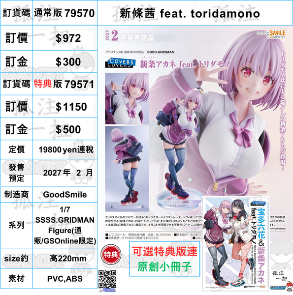 訂貨碼:79570&79571 <訂價$972&1150> #(免手續費)新條茜 feat. toridamono=1/7 SSSS.GRIDMAN Figure (副本)