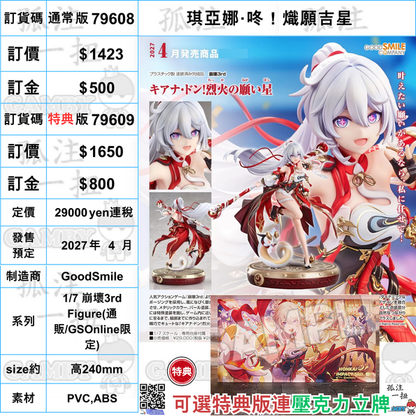 訂貨碼:79608&79609 <訂價$1423&1650> #(免手續費)琪亞娜·咚！熾願吉星=1/7 崩壞3rd Figure