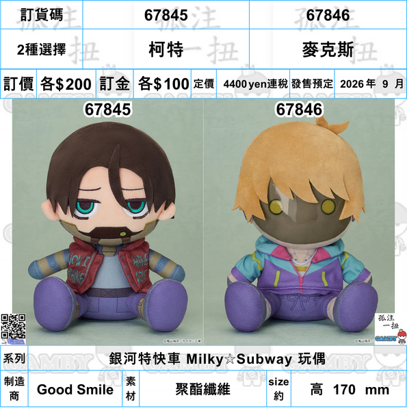 訂貨碼:67845&67846 <訂價各$200> #(免手續費)柯特/麥克斯=銀河特快車 Milky Subway 玩偶