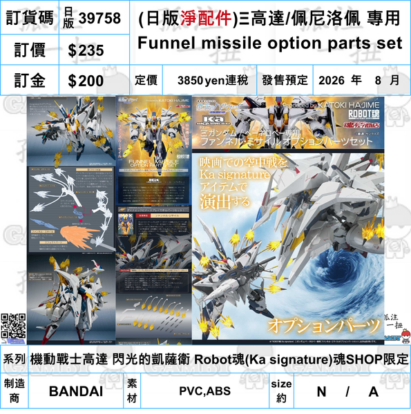 訂貨碼:39758 <訂價$235> #日版(淨配件)Ξ高達/佩尼洛佩 專用Funnel missile option parts set=機動戰士高達 閃光的凱薩衛 Robot魂(Ka signature)