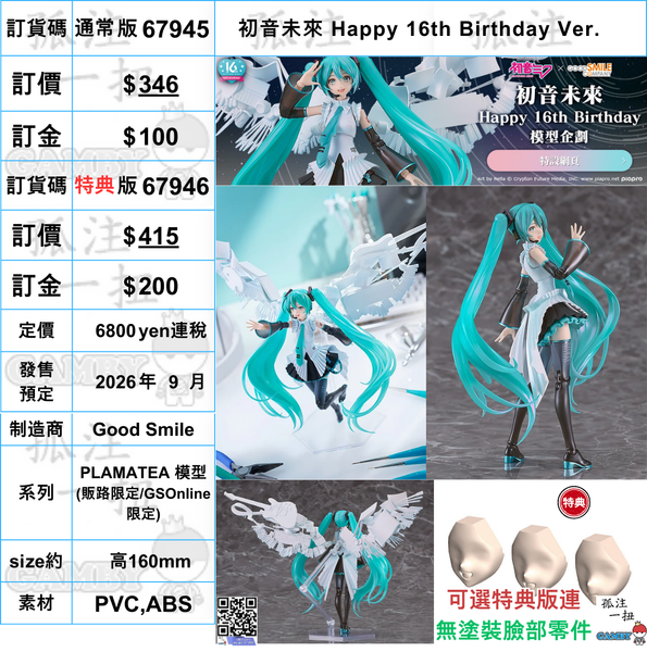 訂貨碼:67945&67946 <訂價$346&425> #(免手續費)初音未來 Happy 16th Birthday Ver.(再販)=PLAMATEA 模型