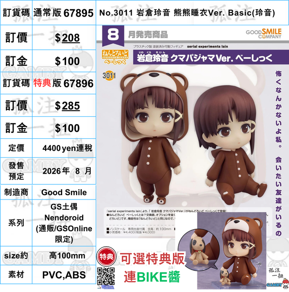 訂貨碼:67895&67896 <訂價$208&285> #(免手續費)No.3011 岩倉玲音 熊熊睡衣Ver. Basic(玲音)=GS土偶Nendoroid