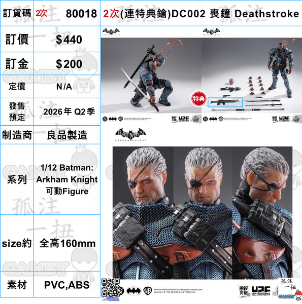 訂貨碼:80018 <訂價$440> #2次(連特典步槍)DC002 喪鐘 Deathstroke=1/12 蝙蝠俠：阿卡漢騎士 Batman: Arkham Knight 可動Figure