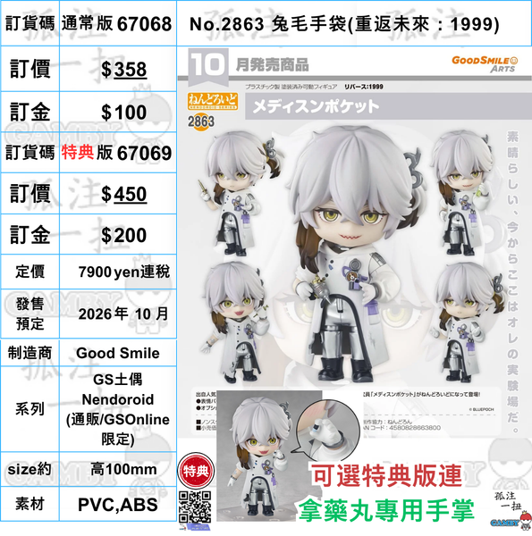 訂貨碼:68068&68069 <訂價$358&450> #(免手續費)No.2863 兔毛手袋(重返未來：1999)=GS土偶Nendoroid