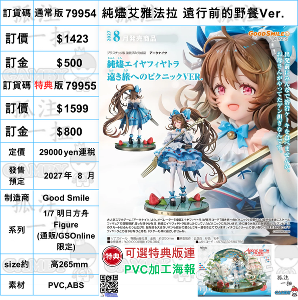 訂貨碼:79954&79955 <訂價$1423&1599> #(免手續費)純燼艾雅法拉 遠行前的野餐Ver.=1/7 明日方舟 Figure