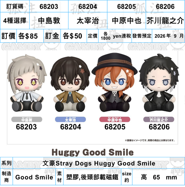 訂貨碼:68203-68206 <訂價$85> #(免手續費)文豪Stray Dogs=Huggy Good Smile