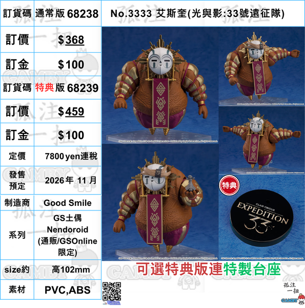訂貨碼:68238&68239 <訂價$368&459> #(免手續費)No.3333 艾斯奎(光與影:33號遠征隊)=GS土偶Nendoroid
