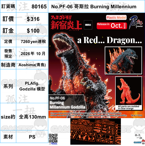 訂貨碼:80165 <訂價$316> #(免手續費)No.PF-06 哥斯拉 Burning Millennium=PLAfig. Godzilla 模型