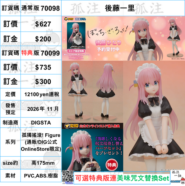 訂貨碼:70098&70099 <訂價$627&735> #後藤一里=孤獨搖滾! Figure