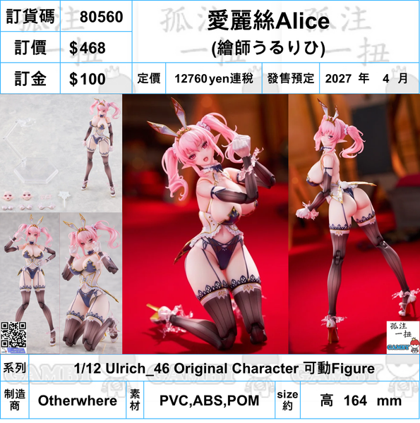 訂貨碼:80560 <訂價$468> #(免手續費)愛麗絲Alice=1/12 Ulrich_46 Original Character 可動Figure